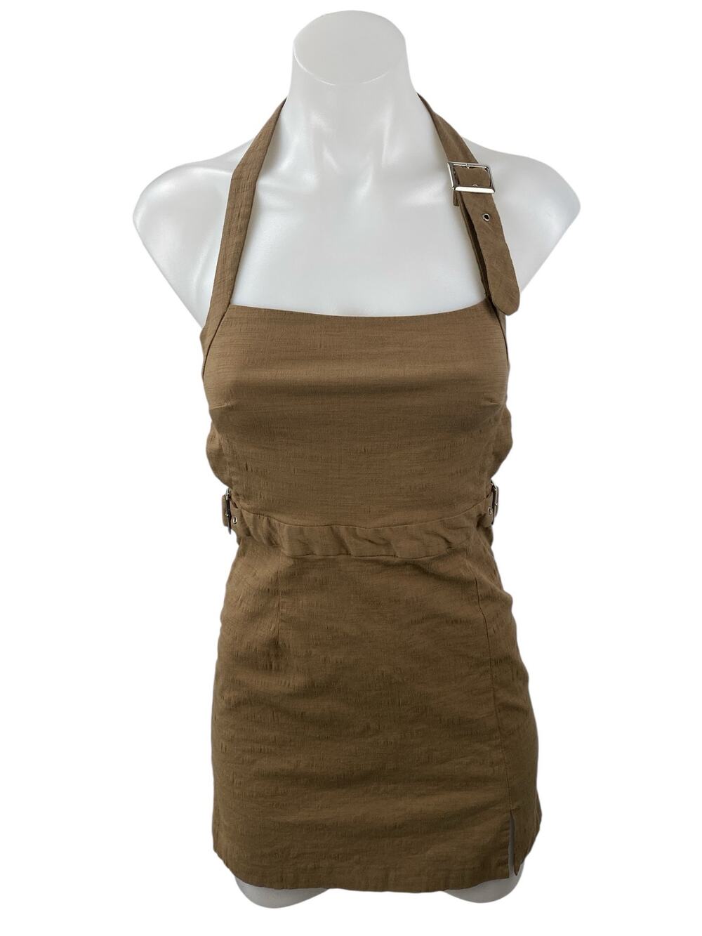 Zara Women's Tan Buckle Strap Halter Sleeveless Square Neck Mini Bodycon Dress S